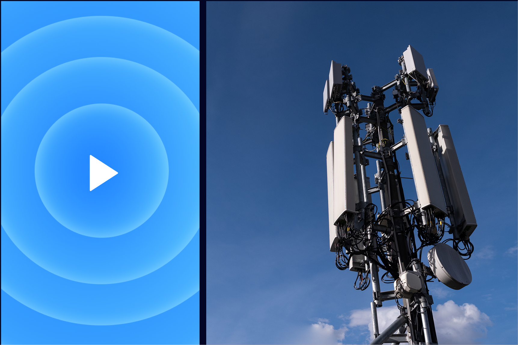 Icona di riproduzione su sfondo blu accanto a un’antenna per telecomunicazioni con ripetitori e pannelli sotto un cielo limpido.