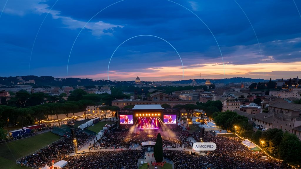 Aerial view of the Circus Maximus with thousands of people at sunset - AI generated