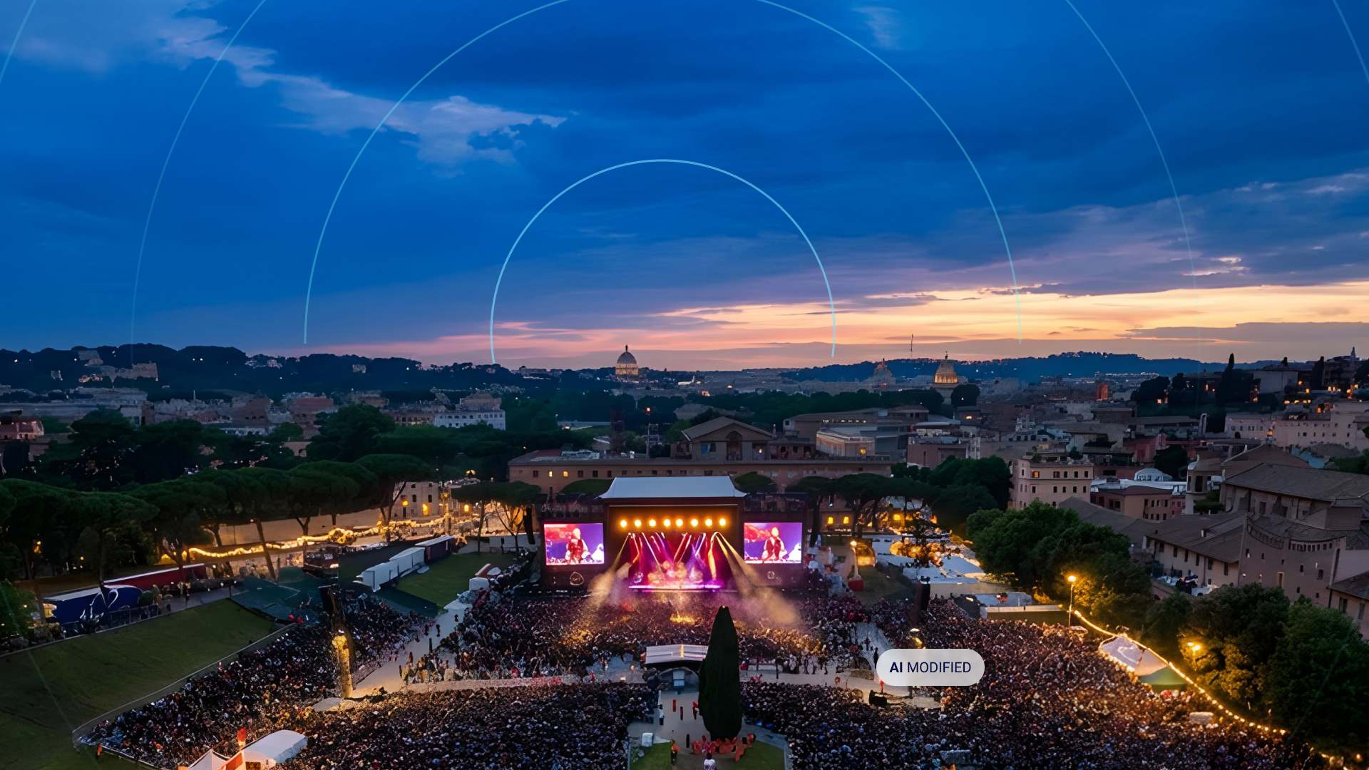 Aerial view of the Circus Maximus with thousands of people at sunset - AI generated