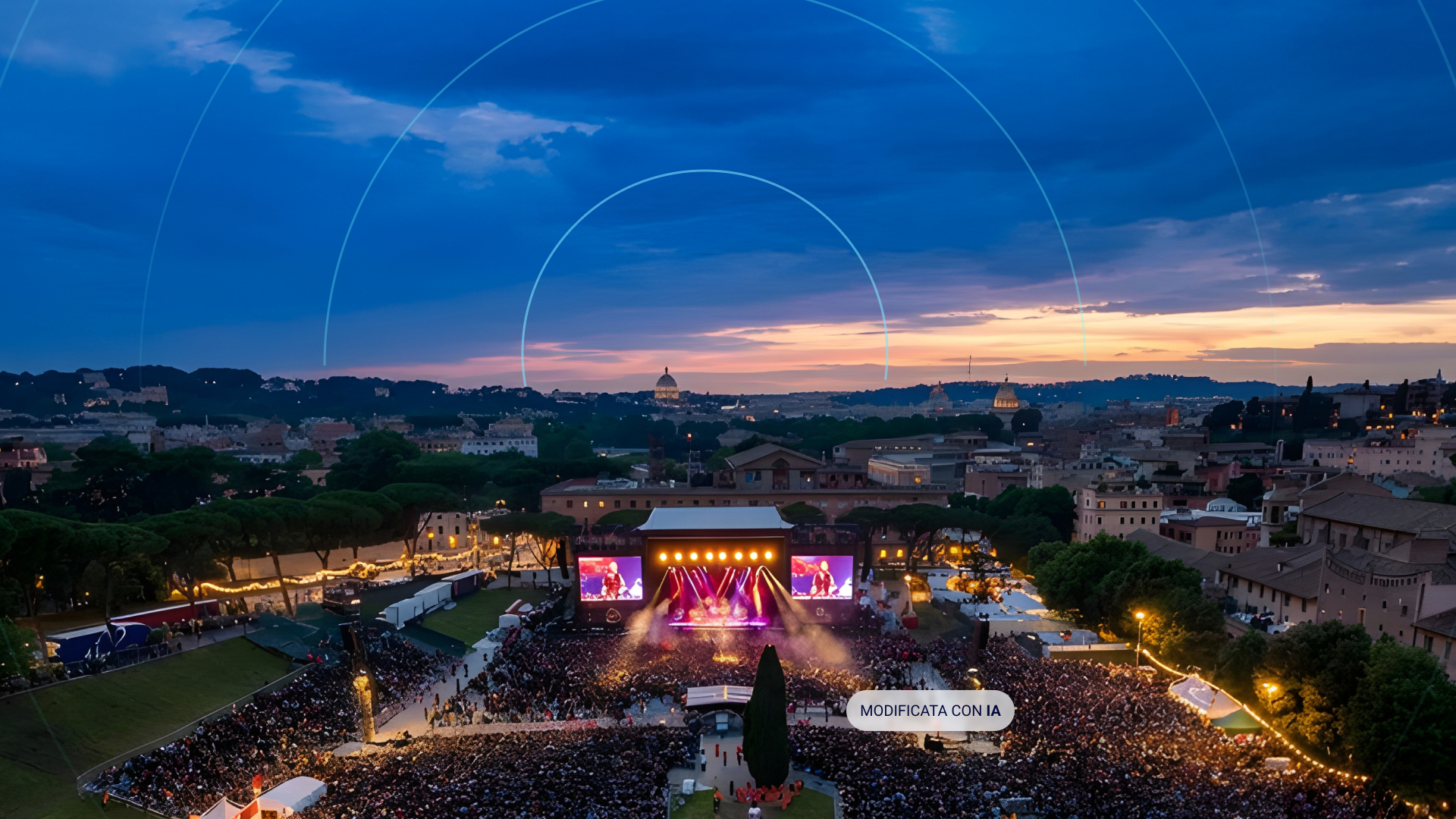 Veduta aerea del Circo massimo con migliaia di persone al tramonto - Modifica con IA